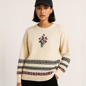 Vintage Sweater with Floral and Striped Pattern